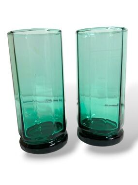 (2) Vintage Anchor Hocking "Essex" Green glass tumbler 10 sided design 16oz